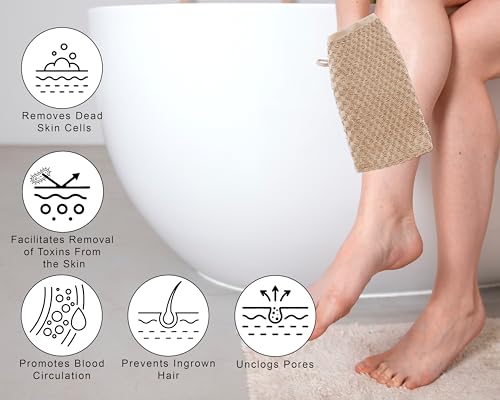 COTTON CRAFT Bath Mitt - 6 Pack Euro Spa Waffle 100% Cotton Towel Mitts | Large 5.5x10 inches Linen Exfoliating Gloves - Sensitive Skin Friendly - Body Bath Shower Glove Washcloth with Hanging Loop - color: Linen - Bath Mitt