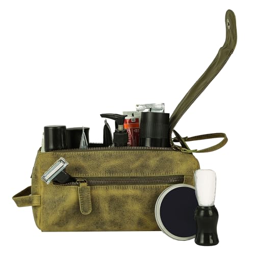 KomalC Premium Buffalo Leather Toiletry Bag for Men & Women With Water resistant Lining, Grooming Travel Pouch, Unisex Wash Bag for Toiletries, Gifts for Men and Women - color: Distressed Green Tan