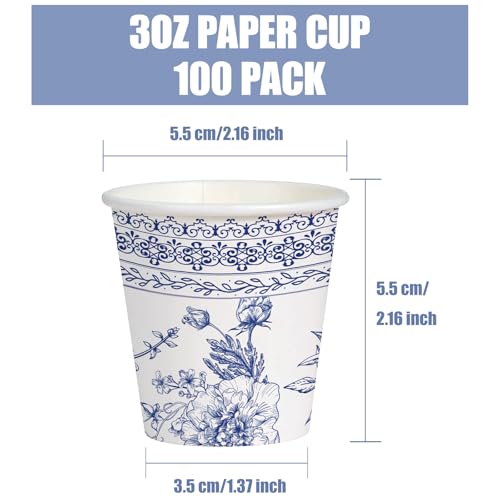 WRAPAHOLIC 3oz Paper Cups - 100 Pack Disposable Bathroom Cups with Sketch Blue Floral Design, Small Mouthwash Cup for Toothbrush Rinse, Home Bathroom, Picnic, BBQ, Travel and Party - color: Blue Flower