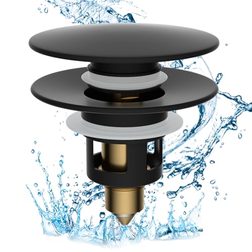 Hibbent All Metal 2 in 1 Bathroom Sink Stopper, Universal Pop Up Drain Strainer, Brass Bullet Core Push Type Sink Stopper for 1.1''~2.3'' Basin, Big Push Button, Anti Clogging Filter, Matte Black - color: Matte Black