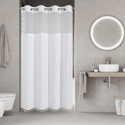 eachope No Hook Stall Shower Curtain with Snap-in Fabric Liner - 54x80 Heavy-Duty Linen Textured Striped Design,Narrow Rustic Modern Farmhouse Bohemian Bathroom Curtain,Water-Repellent,White - color: White, size: 54"W x 80"L (Pack of 1)