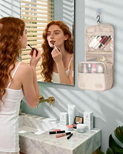 FINPAC Toiletry Bag, Large Capacity Hanging Makeup Bag with Waterproof PVC Compartment, Travel Cosmetic Organizer for Women, Makeup Lovers, Cruise, Gym, and Family Trips, Beige - color: Beige