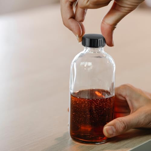 PINIWON 12 Pack 8 oz Clear Glass Bottles, 240ml Boston Round Sample Bottles with Black Poly Cone Caps, Labels and Funnels - color: Clear-12 pack