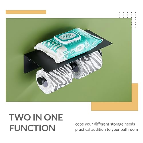 Toilet Paper Holder with Phone Shelf, APLusee SUS 304 Stainless Steel Bathroom Tissue Holder, Double Roll Paper Dispenser Wall Mounted, Matte Black - color: Matte Black, size: Double Rod