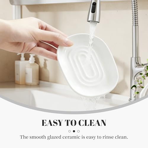 White Ceramic Soap Dish for Bathroom & Kitchen Sink – Raised Center Keeps Soap Dry & Easy Clean, Heavy Ceramic Stays Put on Wet Ledges; Also Holds Soap Bars, Sponges, Jewelry, Keys & Small Items - color: White