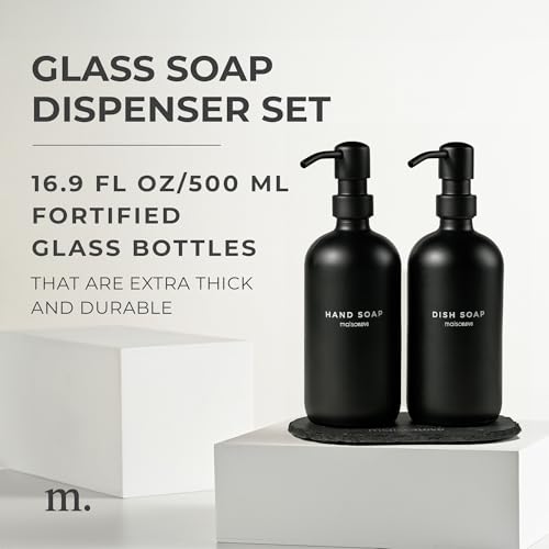 MaisoNovo Soap Dispenser 3 Piece Set - 16.9oz Black Bottles with Black Stainless Steel Pump Core - color: Black Bottles/ Black Pumps/ Black Slate Tray
