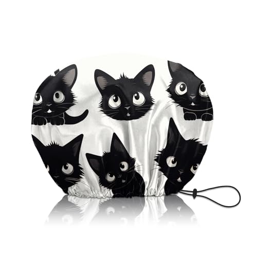 Shower Cap Adjustable Waterproof Double Layer Elastic Reusable Hair Bath Cap Cute Aesthetic for Women Girls-Cat - color: R3-Cat