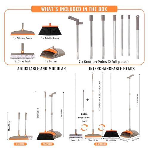 Multifunction 3-in-1 Broom and Dustpan, Silicone broom Squeegee and Scrub Brush Set with Long Adjustable Handle for Indoor & Outdoor Sweeping and Scrubbing, Ideal for Pet Hair, Liquids Spills and Dirt - color: Orange and Grey