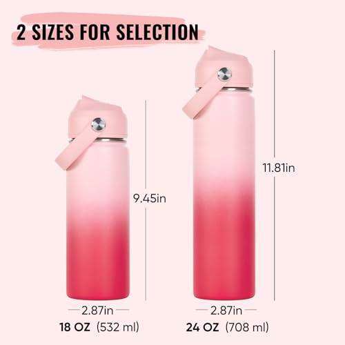 Fijinhom 18oz Insulated Stainless Steel Water Bottle, Wide Mouth Double Wall Vacuum, Silicone Straw, Sweat & Leak Proof, BPA Free Insulated Water Flask for Travel, Keep Cold 24h Hot 12h, Pink Gradient - color: Pink Gradient, size: 18 Ounces