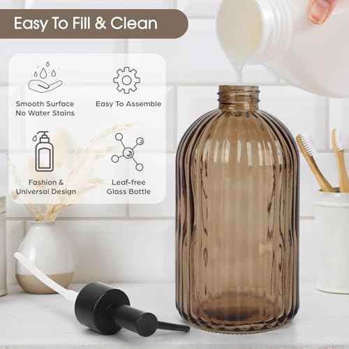 Topsky 2 Pack Glass Soap Dispenser with Black Plastic Pump, 400ml Liquid Hand Soap Dispenser, Rustproof Pump for Kitchen & Bathroom, Great for Lotions, Essential Oil, Liquid Soaps-Amber - color: Stripe-amber, size: Plastic Pump