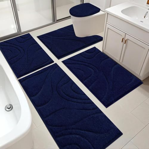 HEBE Bathroom Rugs Sets 5 Piece, Soft Absorbent Microfiber Bath Mat for Bathroom, Non Slip Washable Bath Rug Set with Toilet Cover, Bath Runner and U-Shaped Contour Toilet Rug, Navy Blue - color: Navy Blue, size: 18"x26"+20"x32"+20"x48"+U20"x24"+Cover19"x