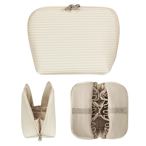 Travel Makeup Bag for Women, Waterproof Stand Up Cosmetic Bag with Brush Holders, Organizer Bag with Compartments, Fold-Down Design for Skincare, Toiletries & Essentials(White, Medium) - color: White, size: Medium