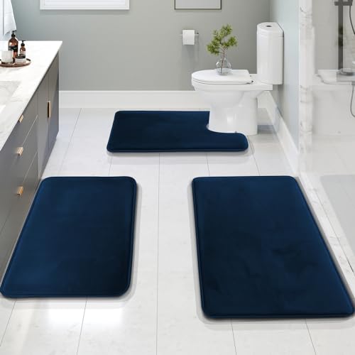 Clara Clark 3 Piece Bathroom Rugs Bath Mat Set, Velvet Memory Foam Bath Mats for Bathroom - Non-Slip, PVC Backing Bath Rugs, Washable - Dries Quickly, Blue - color: Blue, style: 17 x 24 + 20 x 32 + Contour