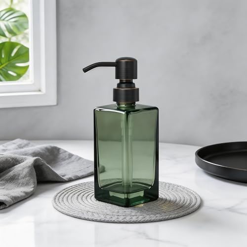 13.5 Oz Green Glass Soap Dispenser with Rust Proof Stainless Steel Pump, Antique Design Refillable Square Lotion Dispenser for Bathroom, Premium Kitchen Hand Soap (Oil Rubbed Bronze) - color: Gree +Oil Rubbed Bronze