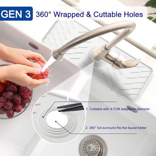 Silicone Faucet Mat for Kitchen Sink – Gen 3 10° Slope Splash Guard with Cuttable Hole – 14” x 5.5” Drip Catcher & Sponge Holder for Kitchen, Bathroom (Gray) - color: Gray, size: 14 in