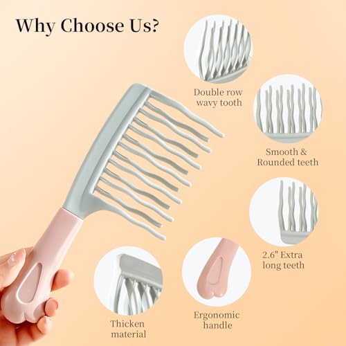 Wide Tooth Comb for Curls, Detangling Comb with Double Row Wavy Tooth for Curly/Wavy/Thick/Long/Wet & Dry Hair, Detangler Hair Brush Large Tooth Shower Hair Comb for Women Girl Men - color: Green