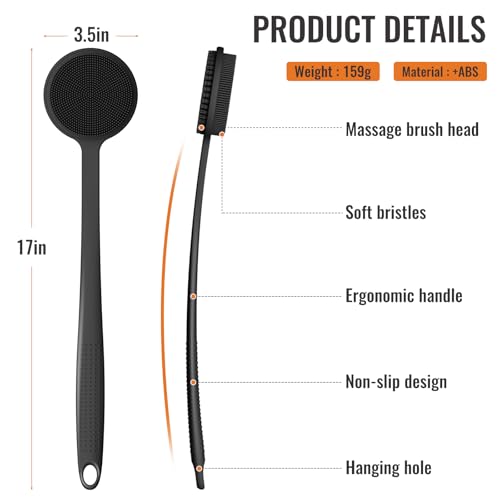 Silicone Back Scrubber for Shower, 17in Lengthen Long Handle Body Brush, Double Sided Shower Brush for Shower Exfoliating and Massage Can Produce Rich Foam, Long Handle Back Scrubber for Men - color: Black