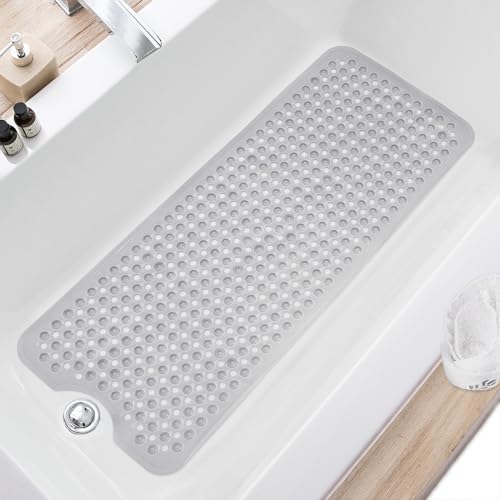 TEESHLY Upgrade Bath Tub and Shower Mats, Non Slip 40 x 16 Inch Extra Large Bathtub Mat, Machine Washable Bathmat with Drain Holes, Suction Cups for Bathroom Floor, Clear Gray - color: Grey (Translucent)