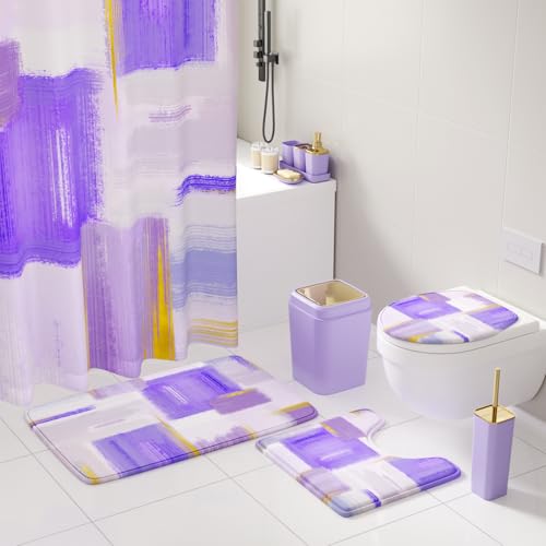 XLHOMO Bathroom Accessories Set - 25PC Bathroom Set with Shower Curtain and Rugs, Purple Bathroom Set, Bathroom Accessory Set with Press-on Lid Trash Can, Soap Dispenser and Qtip Holders for Home - color: Purple & Gold 1, size: Plaid Complete Set + Bath R