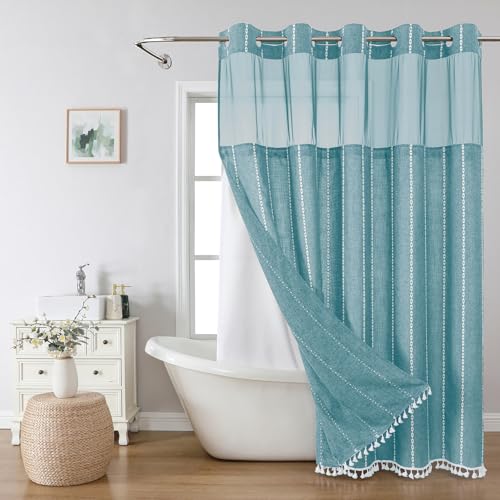 eachope Boho Farmhouse No Hook Shower Curtain Set with Snap-in Fabric Liner,Heavy-Duty Linen Textured Rustic Striped Design,Water-Repellent with Tassels and Sheer Window,Teal,71x74 - color: Teal, size: 71"W x 74"L (Pack of 1)