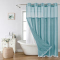 eachope Boho Farmhouse No Hook Shower Curtain Set with Snap-in Fabric Liner,Heavy-Duty Linen Textured Rustic Striped Design,Water-Repellent with Tassels and Sheer Window,Teal,71x74 - color: Teal, size: 71"W x 74"L (Pack of 1)