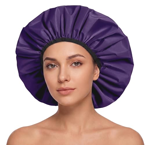 Extra Large Shower Cap for Women, Reusable Waterproof Shower Bonnet with Satin Lining, Double Layer Washable Bath Hair Cap for Braids, Locs, Long Thick Curly Hair, Natural Hair(Big Dark Purple) - color: Dark Purple