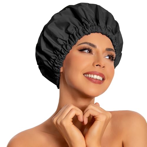 Edoneery Reusable Shower Caps for Women, Waterproof Long Hair Bonnet | Washable Design, Wide Elastic Band, Large Fit, Holds Long Hair, Braids Friendly, Bath Accessories, Spa, Travel - color: Black