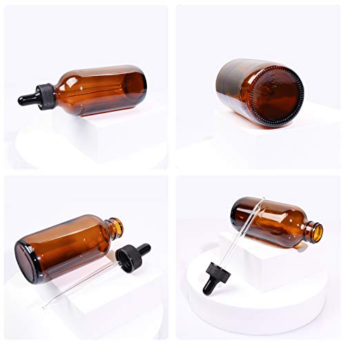 12 Pack 4oz Amber Glass Bottles with Glass Eye Droppers for Essential Oils, Perfumes & Lab Chemicals (1 Brush, 2 Funnels, 2 Extra Droppers, 24 Pieces Labels & 30ml Measuring Cup Included) - color: Amber