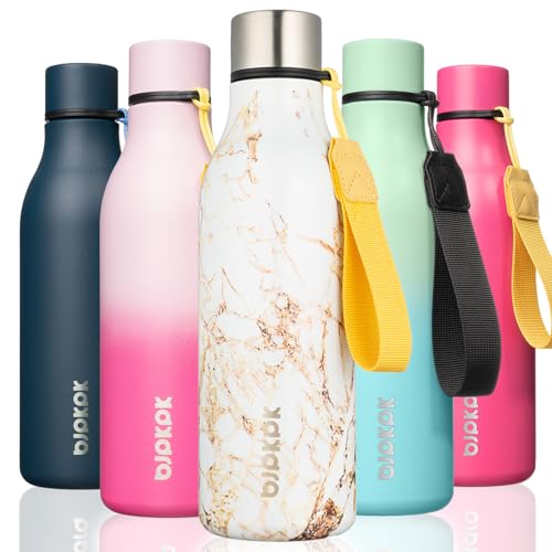 BJPKPK Insulated Water Bottles, 18 oz Stainless Steel Metal Water Bottle with Strap, BPA Free Leak Proof Jugs, Mugs, Flasks, Reusable Thermal Flasks for Sports & Travel, Marble-Amber - color: Marble-Amber, size: 18 Ounces, style: 18oz