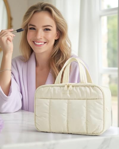 BAGSMART Travel Toiletry Bag, Puffy Large Toiletry Bag for Women, Lightweight Cosmetic Makeup Bag Organizer with Handle for Traveling, Accessories, Essentials, Toiletries （Beige - color: C-Beige