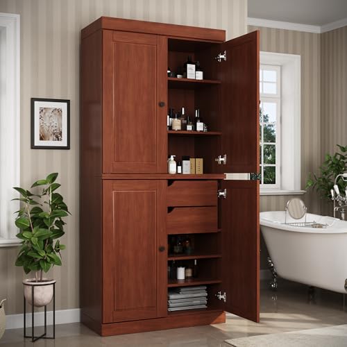 Palace Imports Solid Wood Tall Bathroom Pantry Cabinet with 4 Wooden Doors & Adjustable Shelves, Mocha - 100% Eco-Friendly, Renewable, Space-Saving Storage, 71.5" H x 32" W, Made in Brazil - color: Mocha
