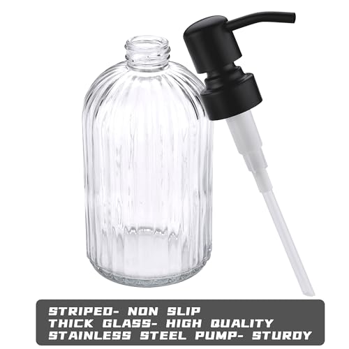 16Oz Bathroom Glass Soap Dispenser with Black Rust Proof Pump,Premium Kitchen Soap Dispenser with Vertical Stripe, Lotion Dish Dispenser for Modern Home Decor, Countertop, Hotel - color: Matte Black +Clear, size: 1-Pack