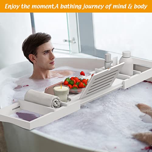 Zhuoyue Bamboo Bathtub Tray, Expandable Premium Bath Tray for Luxury Bathroom, Adjustable Bath Accessories for Tub with Soap Towel Book Holder, Extendable 29.5-43.3" White - color: White