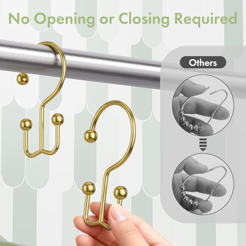 Amazer Gold Shower Curtain Hooks, 12PCS Minimalist Simple Double Shower Curtain Rings, Rust-Resistant Metal Shower Hooks Shower Curtain Hangers, Shower Rings for Bathroom Shower Rods Curtains - color: Gold, style: Minimalist - Double Hooks