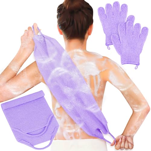 Anezus Exfoliating Back Scrubber Bath Gloves Set, Exfoliating Shower Towel with Shower Gloves for Body Scrub, Back Cleaner Wash Gloves to Remove Dead Skin (Purple) - color: Purple