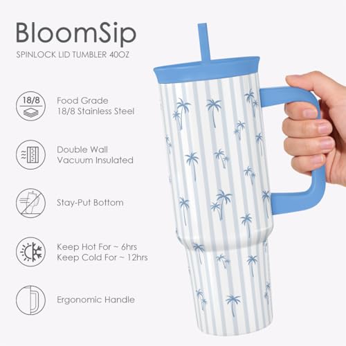 SANDJEST Palm Tree Stainless Steel Locking Lid Silicone Straw Tumbler with Handle 40oz, Insulated Stainless Steel Travel Cup for Women Beach Lover, Gift Idea for Birthday Summer Vacation - color: Palm Tree