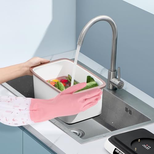 YARNOW Reusable Waterproof Flocked Thickened Rubber Gloves for Dishwashing and Household Cleaning, Large Size, Pink and Green, 4pcs Set, Insulated for Kitchen and Laundry Use
