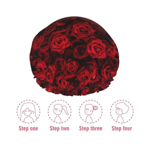 Red Rose Flowers Shower Cap For Women Reusable Waterproof Double Layers Bath Cap Hair Protection Elastic Ladies Spa Salon Shower Hat - color: Red Rose Flowers