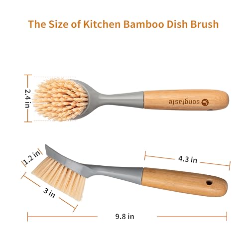 2 Pack Kitchen Dish Brush Bamboo Handle Dish Scrubber Built-in Scraper, Scrub Brush for Pans, Pots, Kitchen Sink Cleaning, Dishwashing and Cleaning Brushes are Perfect Cleaning Tools, Color-Gray - style: Gray