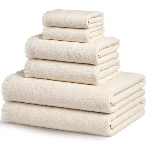 6 Pack Boho Bath Towels Set 100% Cotton Luxury Decorative Towels for Bathroom 2 Bath Cloth 2 Hand Cloth and 2 Wash Cloths Soft Absorbent Quickly Dry Durable Farmhouse Bathroom Decor Guest Gift