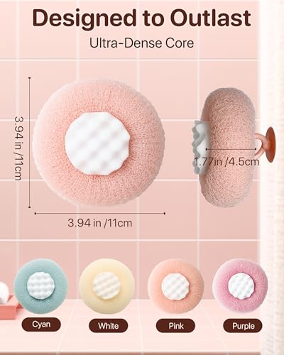 Super Soft Sunflower Suction Cup Bath Sponge loofah, 2026 Upgraded 2-in-1 Sunflower Ball Exfoliating Bath Sponge Cleaning Brush, Mesh Shower Body Sponge Accessories for Women, Men Shower (4 Color) - color: Blue+pink+purple+white