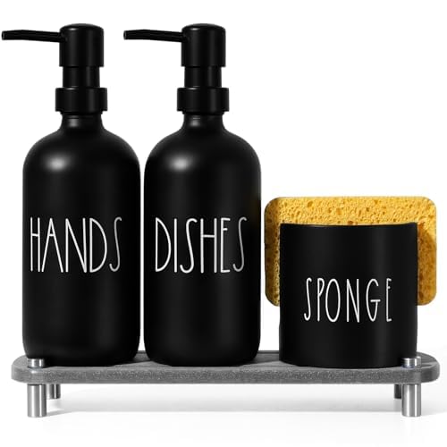 Kitchen Soap Dispenser Set, 16.9 fl oz Hand and Dish Soap Dispensers with Tray, Black Kitchen Soap Dispenser Set with Sponge Holder, Instant Dry Tray, Countertop Sink Organizer Accessories - color: Black Bottle+black Pump
