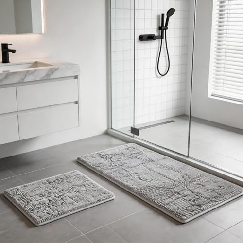 Bathroom Rugs Sets 2 Piece Plush Chenille Bath Rugs Non-Slip Bath Mats Absorbent Shaggy Rugs,Bathtub Mat, Gray Pet Dog Mats,Washable Bathroom Carpet for Tub, Shower, Washroom- 32x20 + 24x16 Inch - color: Ash Gray, size: 32"L x 20"W + 24"L x 16"W