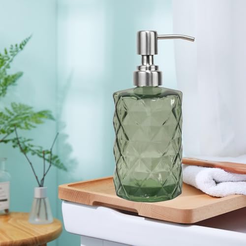 12Oz Green Glass Soap Dispenser with Stainless Steel Pump, Refillable Kitchen Liquid Hand Soap Dispenser with Diamond Design, for Dispense Hand soap, Dish Soap, Lotion, Bathroom, Countertop, Hotel - color: Green Diamond