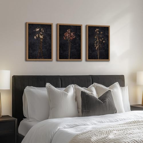 3Pcs Framed Moody Dried Flower Canvas Wall Art For Bedroom Dark Vintage Floral Framed Wall decor Rustic Aesthetic Botanical Art Prints for Living Room Bathroom,Bedroom Dining Room12x16 in - color: Dark Vintage Floral, size: 12x16 Inches