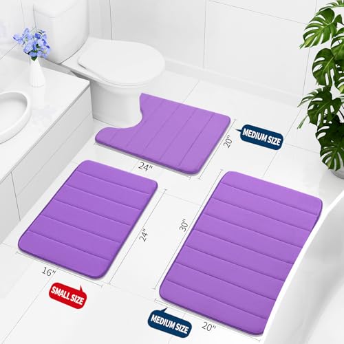 Buganda Memory Foam 3 Pieces Bathroom Rugs Set - Thick Soft Absorbent Bath Mats, Washable Small/Large/Contour Bath Rugs (24" x 16" + 30" x 20" + 24" x 20", Purple) - color: Purple, size: 24" X 16" + 30" X 20" + 24" X 20"