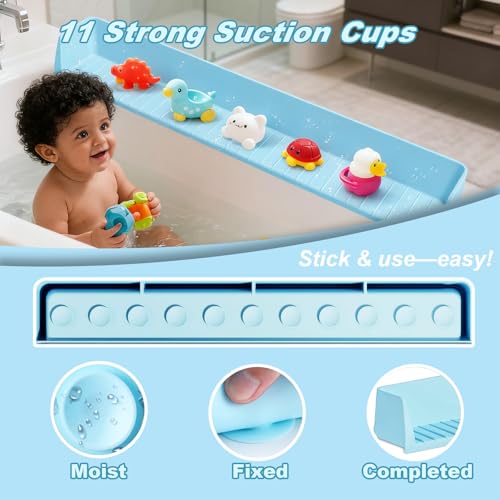 Bathtub Splash Guard for Kids,2.6 FT Silicone Bathtub Play Shelf with 11 Suction Cups, Bath Tub Ledge Shelf for Kids, Prevents Water Spills in Bathroom (Blue) - color: Blue