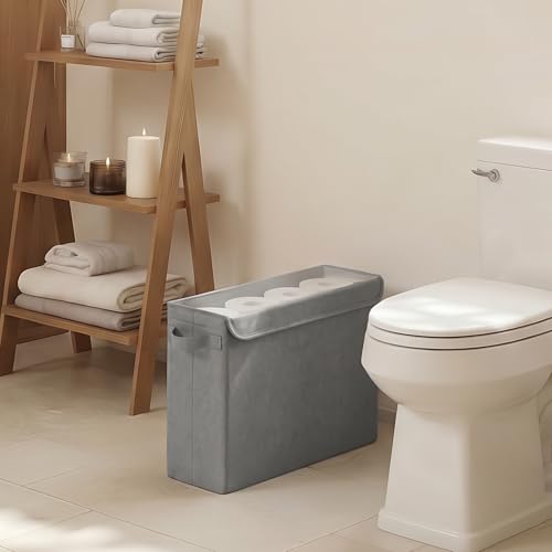 Cupic Cupid Toilet Paper Storage Baskets, Bathroom Toilet Paper Storage with Lid, Holds 12 Regular or 9 Mega Rolls, Slim Toilet Tissue Holder Basket with Clear PVC Lid and Handles, Grey - color: Grey
