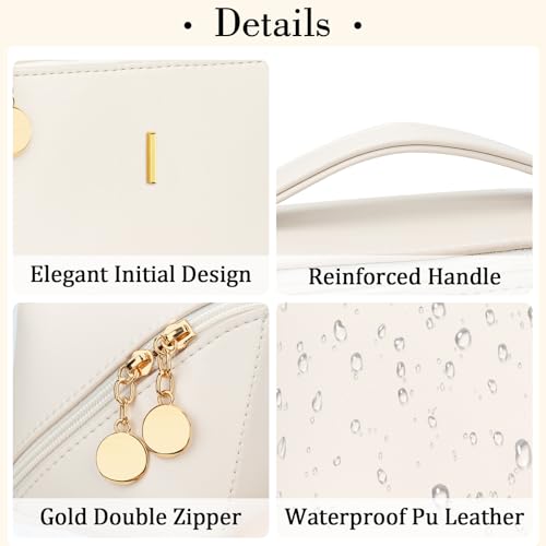 Birthday Gifts for Women Teen Girl, Personalized Initial Makeup Organizer Bag Set, Open Flat Travel Cosmetic Bag With Clear Divider and Handle(Beige,I) - color: Beige, style: I