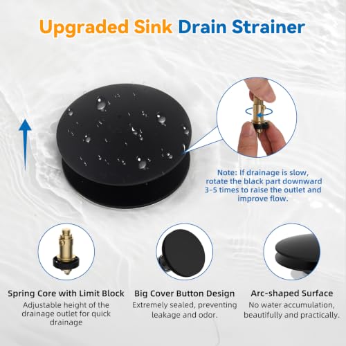 Universal Metal Bathroom Sink Stopper, Pop-Up Hair Catcher Strainer, Black | Large Cover Cap, Sink Drain Strainer with Detachable Double Filter, Drain Plug Fits 1.1"-2.36" US Basin, Brass Bounce Core - color: Matte Black